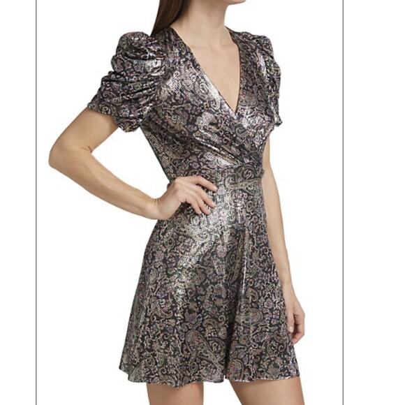 NWT BA&SH Gala Mini Dress Puffed Sleeve Surplice Neckline  Metallic Shimmer  LG - Picture 3 of 13